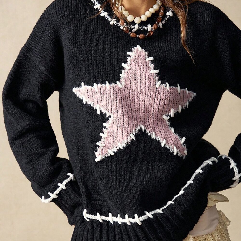 Black Casual Women's Round Neck Star Pattern Knit Sweater Clothes